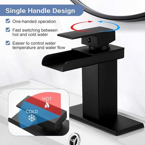 Black Waterfall Bathroom Faucet Single Handle Sink Vanity Faucets with Pop Up Drain 1 Or 3 Hole 4 Inch Bathroom Sink Faucet Water Mixer Tap Lavatory Sink Faucet Solid Brass Matte Black in Saudi Arabia
