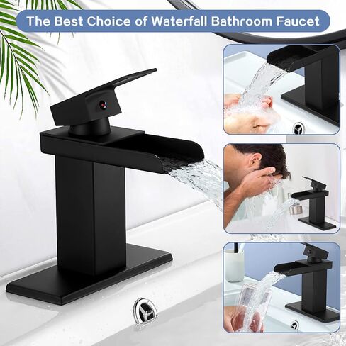 Black Waterfall Bathroom Faucet Single Handle Sink Vanity Faucets with Pop Up Drain 1 Or 3 Hole 4 Inch Bathroom Sink Faucet Water Mixer Tap Lavatory Sink Faucet Solid Brass Matte Black in Saudi Arabia