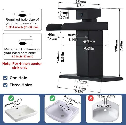 Black Waterfall Bathroom Faucet Single Handle Sink Vanity Faucets with Pop Up Drain 1 Or 3 Hole 4 Inch Bathroom Sink Faucet Water Mixer Tap Lavatory Sink Faucet Solid Brass Matte Black in Saudi Arabia