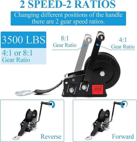 ونش مقطورة قارب بيكيث، ونش يدوي عالي التحمل 3500 رطل مع حزام أسود بطول 33 قدمًا، وسقاطة ثنائية الاتجاه ونسبة تروس 4:1/8:1، ونش قارب فولاذي مقوى محمول باليد للمقطورات والشاحنات ومركبات RV وATV in Kuwait