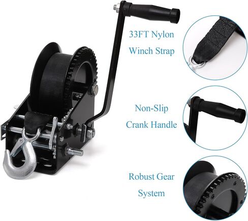 ونش مقطورة قارب بيكيث، ونش يدوي عالي التحمل 3500 رطل مع حزام أسود بطول 33 قدمًا، وسقاطة ثنائية الاتجاه ونسبة تروس 4:1/8:1، ونش قارب فولاذي مقوى محمول باليد للمقطورات والشاحنات ومركبات RV وATV in Kuwait