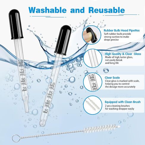 Glass Eye Dropper for Essential Oils, 1ml 20pcs Pipettes Dropper with Black Rubber Head&Clean Brush, 1ml Dropper Measured for Liquid Medicine Cusp-Tip, Bent-Tip Dropper in Saudi Arabia