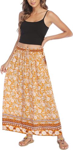 Chigant Women's Boho Floral Skirt Elastic High Waist Tie Maxi Skirts Flowy A Line Bohemian Long Skirt with Side Pockets in Saudi Arabia