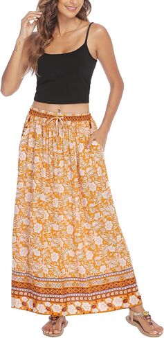 Chigant Women's Boho Floral Skirt Elastic High Waist Tie Maxi Skirts Flowy A Line Bohemian Long Skirt with Side Pockets in Saudi Arabia
