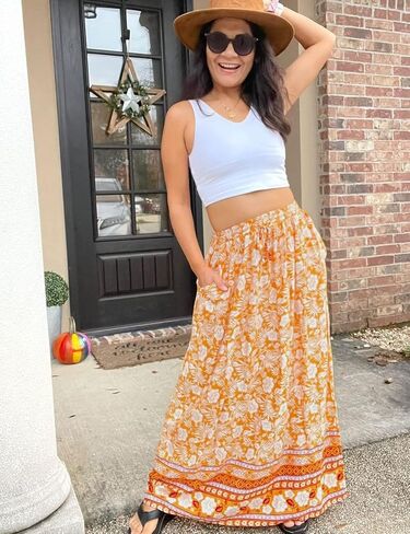 Chigant Women's Boho Floral Skirt Elastic High Waist Tie Maxi Skirts Flowy A Line Bohemian Long Skirt with Side Pockets in Saudi Arabia