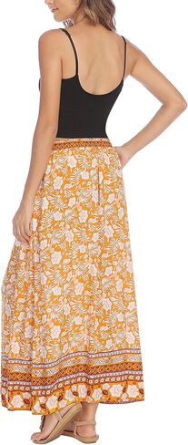 Chigant Women's Boho Floral Skirt Elastic High Waist Tie Maxi Skirts Flowy A Line Bohemian Long Skirt with Side Pockets in Saudi Arabia