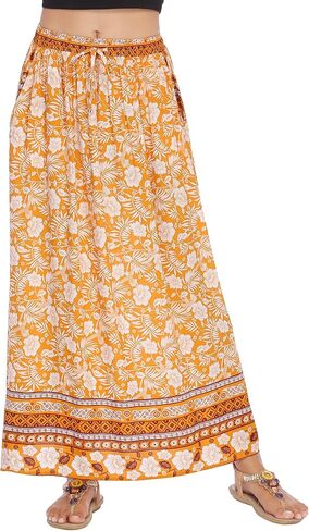 Chigant Women's Boho Floral Skirt Elastic High Waist Tie Maxi Skirts Flowy A Line Bohemian Long Skirt with Side Pockets in Saudi Arabia
