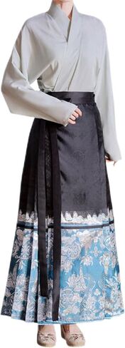 تنورة نسائية من Hanfu ذات وجه حصان صيني تنانير ذات ثنيات وربطة عنق Seft مطبوعة أنيقة على شكل حرف a تنورة طويلة متأرجحة in Saudi Arabia