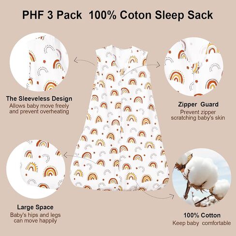 PHF 100% Organic Cotton Baby Sleep Sack 6-12 Months, Soft Lightweight Wearable Blanket for Babies, 2-Way Zipper 0.3 TOG Comfy Toddler Sleeping Sack 3 Pack for Boys Girls Neutral, Pink Floral (Medium) in Saudi Arabia