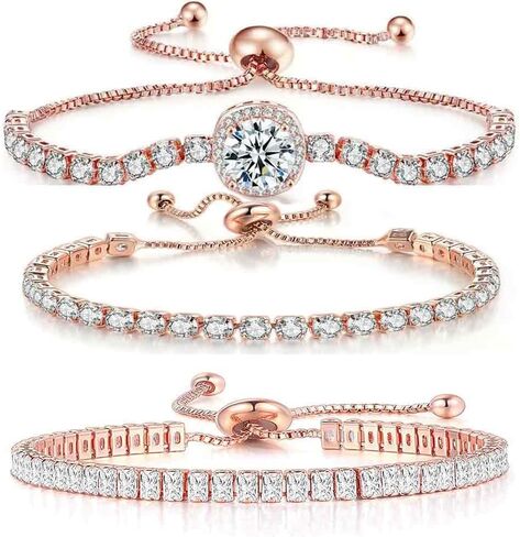 Dainty Tennis Bracelet for Women Adjustable Slider 14K Gold Plated Charm Bracelets for Women Trendy with Sparkling Diamond Cubic Zirconia Fashion Jewelry Gifts for Wowen Girls in Saudi Arabia