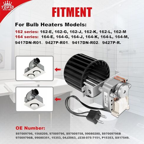 مجموعة منفاخ محرك مروحة الحمام Top10 Racing S97009796 المتوافقة مع سخانات السقف لمبات Broan Nutone 162-E/G/J/K/L/M و164-E/G/J/K/L/M 97009796 S97009758 S97009796B in Kuwait