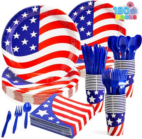 JOYIN 180 Pcs Patriotic Party Supplies Dinnerware Set of 30 Plates,30 Napkins,30 Paper Cups and 90 Plastic Utensils for 4th of July Celebration, Memorial Day, Patriotic Party Decoration (Serves 30) in Saudi Arabia