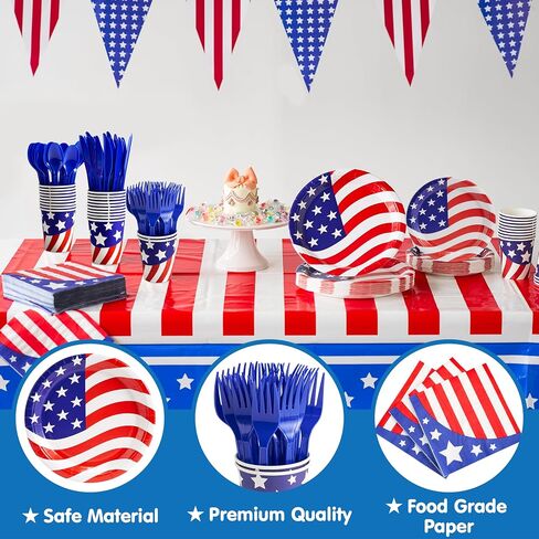 JOYIN 180 Pcs Patriotic Party Supplies Dinnerware Set of 30 Plates,30 Napkins,30 Paper Cups and 90 Plastic Utensils for 4th of July Celebration, Memorial Day, Patriotic Party Decoration (Serves 30) in Saudi Arabia