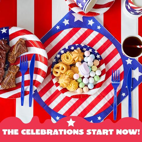 JOYIN 180 Pcs Patriotic Party Supplies Dinnerware Set of 30 Plates,30 Napkins,30 Paper Cups and 90 Plastic Utensils for 4th of July Celebration, Memorial Day, Patriotic Party Decoration (Serves 30) in Saudi Arabia