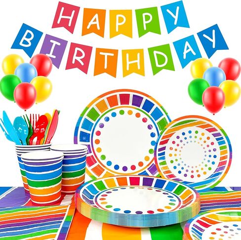 Rainbow Party Supplies,166pcs Rainbow Party Decorations & Tableware Set - Rainbow Party Plates Napkins Cups & Rainbow Birthday Decorations Balloons Banner etc Rainbow Themed Birthday Party Supplies in Kuwait