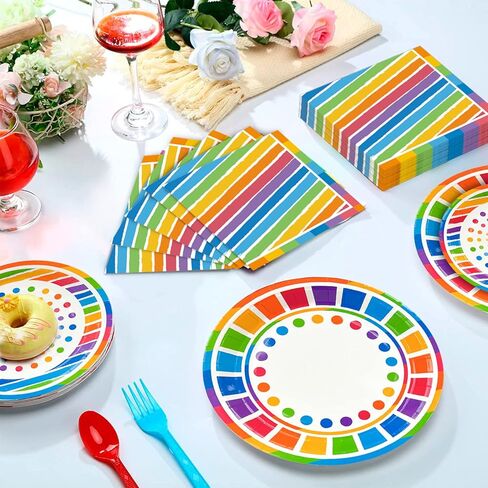 Rainbow Party Supplies,166pcs Rainbow Party Decorations & Tableware Set - Rainbow Party Plates Napkins Cups & Rainbow Birthday Decorations Balloons Banner etc Rainbow Themed Birthday Party Supplies in Kuwait
