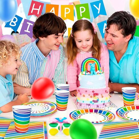 Rainbow Party Supplies,166pcs Rainbow Party Decorations & Tableware Set - Rainbow Party Plates Napkins Cups & Rainbow Birthday Decorations Balloons Banner etc Rainbow Themed Birthday Party Supplies in Kuwait