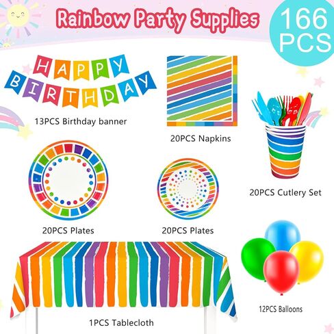 Rainbow Party Supplies,166pcs Rainbow Party Decorations & Tableware Set - Rainbow Party Plates Napkins Cups & Rainbow Birthday Decorations Balloons Banner etc Rainbow Themed Birthday Party Supplies in Kuwait