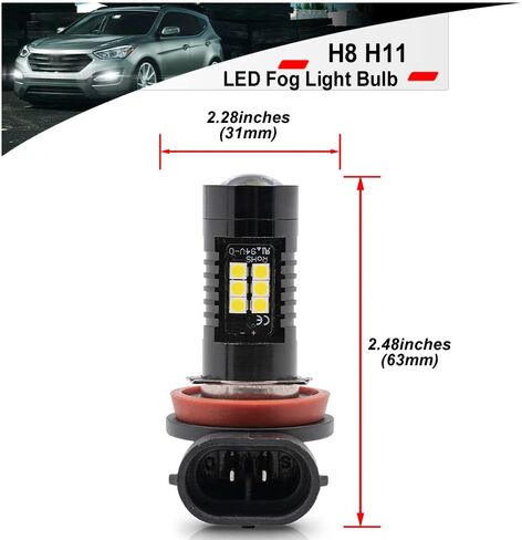 NSLUMO H8 H11 LED لمبة الضباب الخفيفة لعام 2011-2020 Hyun'dai Santa Fe Tucson Genesis Sonata Velo'ster Azera 21 SMD Chips 6500 زينون أبيض فائق السطوع بدون مروحة حجم صغير بقيادة لمبة إضاءة القيادة in Saudi Arabia