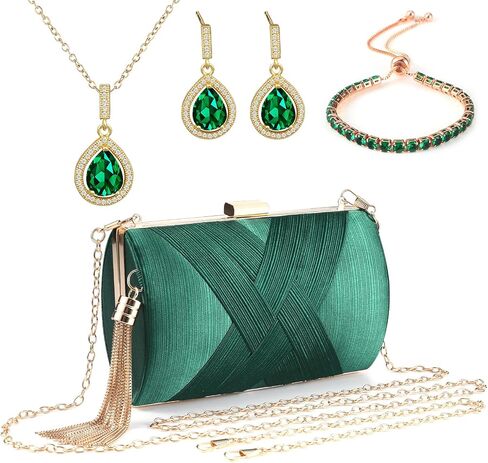 4 Pcs Clutch Purses for Women formal,Green Evening Purse Prom Tassels Purses Shoulder Bag for Wedding Vintage Banquet Handbag Earrings Necklace Bracelet Jewelry Set in Saudi Arabia