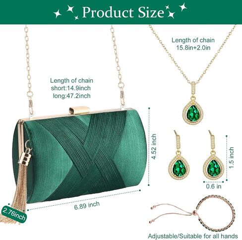4 Pcs Clutch Purses for Women formal,Green Evening Purse Prom Tassels Purses Shoulder Bag for Wedding Vintage Banquet Handbag Earrings Necklace Bracelet Jewelry Set in Saudi Arabia