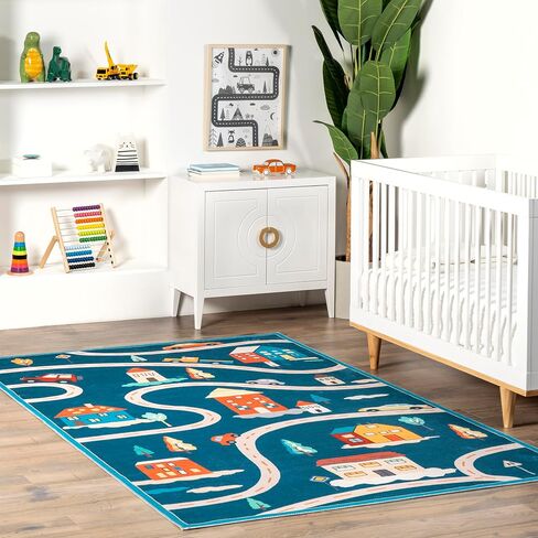 nuLOOM Zita Neighborhood Machine Washable Kids Ultra Thin Area Rug, 4' x 6', Blue Multi in Saudi Arabia