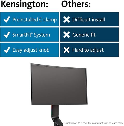 Kensington Dual Monitor Mount for Desk, C-clamp Vesa Monitor Stand Fits 2 Ultrawide Monitors Up to 27 Inches, Low Profile Monitor Stand, Height Adjustable Rotating Free Standing Monitor Arm, Black in Saudi Arabia