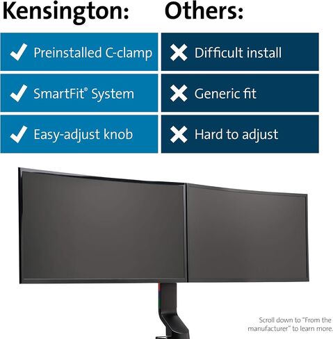 Kensington Dual Monitor Mount for Desk, C-clamp Vesa Monitor Stand Fits 2 Ultrawide Monitors Up to 27 Inches, Low Profile Monitor Stand, Height Adjustable Rotating Free Standing Monitor Arm, Black in Saudi Arabia