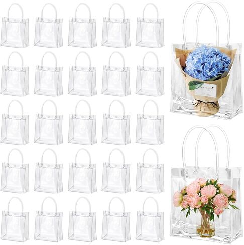 WDSHCR 50 Pcs Clear Gift Bags with Handles Plastic Gift Bags Transparent Reusable Tote Bags Candy Goodie Bags for Mother's Day Boutique Wedding Birthday Baby Shower Party (5.1 x 5.9 x 2.7 Inch) in Saudi Arabia