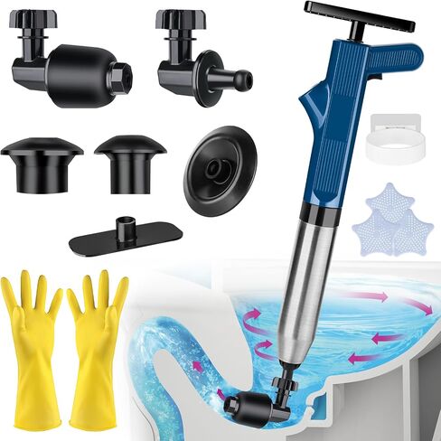 NiHome 120 PSI High Pressure Air Toilet Plunger with Built-In Gauge Full Kit, Robust Stainless Steel & ABS Construction with Multi-Head & Ergonomic Handle to Tackle Tough Blockages on Various Drains in Saudi Arabia