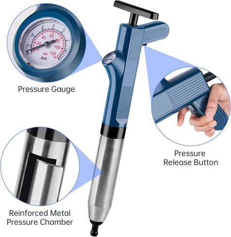 NiHome 120 PSI High Pressure Air Toilet Plunger with Built-In Gauge Full Kit, Robust Stainless Steel & ABS Construction with Multi-Head & Ergonomic Handle to Tackle Tough Blockages on Various Drains in Saudi Arabia