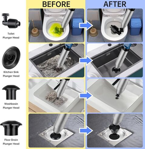 NiHome 120 PSI High Pressure Air Toilet Plunger with Built-In Gauge Full Kit, Robust Stainless Steel & ABS Construction with Multi-Head & Ergonomic Handle to Tackle Tough Blockages on Various Drains in Saudi Arabia