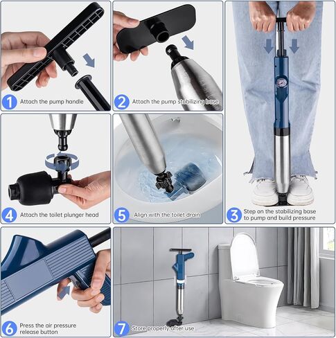 NiHome 120 PSI High Pressure Air Toilet Plunger with Built-In Gauge Full Kit, Robust Stainless Steel & ABS Construction with Multi-Head & Ergonomic Handle to Tackle Tough Blockages on Various Drains in Saudi Arabia