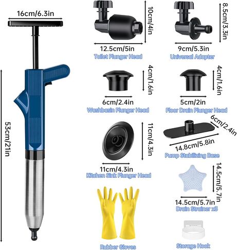 NiHome 120 PSI High Pressure Air Toilet Plunger with Built-In Gauge Full Kit, Robust Stainless Steel & ABS Construction with Multi-Head & Ergonomic Handle to Tackle Tough Blockages on Various Drains in Saudi Arabia