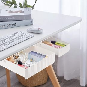 YOOUSOO 2 Pack Under Desk Drawer,Under Desk Storage,Under Desk Organizer,Hidden Self-Adhesive Desk Drawer Slide-out,Stick on Desk Drawer White,Under Mount Drawer for Office/Classroom/Home