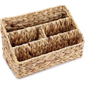 BTSKY Woven Divided Storage Basket Natural Hyacinth Vertical Wicker Storage Baskets 4 Compartments Desktop Home Office Supplies Sorter Rack