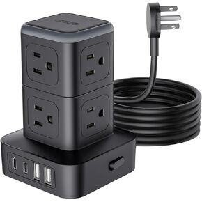 Tower Surge Protector Power Strip 10 FT, NTONPOWER 1080J Surge Protector with Multiple Outlets, 8 AC Outlets with 4 USB Ports (2 USB C), Desk Mountable Charging Station for Home Office Dorm, White