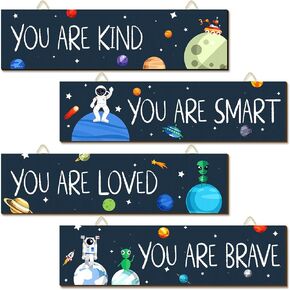 Chunful 4 Pcs Space Decor Inspirational Kid Room Decor Wall Decor Space Decorations for Bedroom Motivational Wooden Nursery Hanging Planets for Kids Room Baby Boys Toddler Classroom Decor