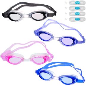 Peicees 4 Pack Swim Goggles for Kids 6-14 with Earplugs and Case Clear Anti-Fog