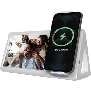 محطة شحن لاسلكية Smartpix: شاحن 10 وات، إطار صور 4x6 | ملحق قاعدة تثبيت ومنضدة مكتبية | تصميم خالي من الفوضى