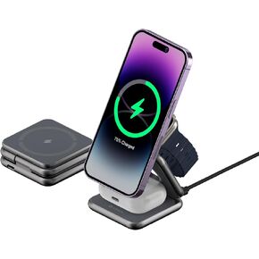 ADAM elements Magnetic Wireless Charger/Travel Charger – Mag 3 Magnetic 3in1 Foldable Travel Charging Station for iPhone 12/13/14/15 Series, Apple Watch & AirPods Series