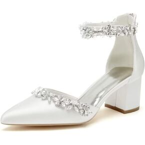 Wedding Shoes for Bride Block Heel Satin Rhinestones Bridal Shoes Prom Party Dress Pumps