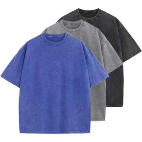 Men Oversized T-Shirts 3 Piece Unisex Vintage Shirt Solid Acid Wash Cotton Casual Hip Hop Tops