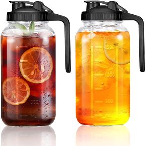 Wide Mouth Mason Jars 32 oz with Pour Spout Lids, SNGKMSYG 1 Quart Glass Pitcher with Lid, Double Leak Proof Breast Milk Pitcher for Fridge, Coffee, Water, Iced Tea (Black, 32oz, 1 Pack)