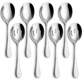 Hiware 8-Piece Serving Spoons Set - Includes 4 Serving Spoons and 4 Slotted Spoons, 18/8 Stainless Steel Buffet Serving Utensils - Mirror Polished, Dishwasher Safe, 8.6-Inch