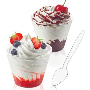 50 Pack 5 oz Plastic Dessert Cups with Spoons, Mini Mousse Cup Round Pudding Cups Party Serving Bowl for Cocktails Appetizers Fruit Parfait and Trifle