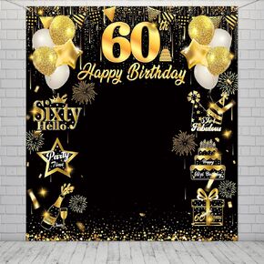 60th Birthday Decorations Banner, Large 60th Birthday Backdrop for Photo Booth Props, Black And Gold 60th Birthday Decorations 60th Birthday Photo Backdrop for Men Women Outdoor Indoor