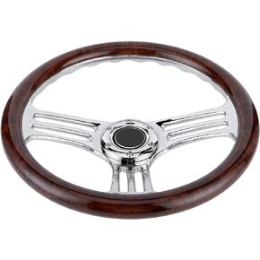 Wooden Steering Wheel, 350mm 14in Dark Wood Grip Fit for Chrome 3 Spoke Steering Wheel Vintage Style