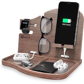 BarvA Gifts for Men Dad Birthday Ideas Wood Docking Station Phone Nightstand Organizer Table Charging Dock Multi Watch Charging Stand Wallet Key Gadget Device Bedside Holder Bedroom Desk Accessories