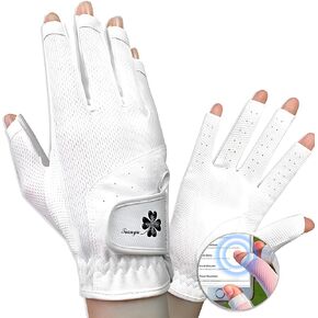 Ladies Golf Gloves with Open Finger for Women - PU+Fiber Material, Breathable Design, Elastic Mesh, Touchscreen & Slip-Resistant Palm, Magic Adjustable Strap, Perfect for Golfing （TYS-026）